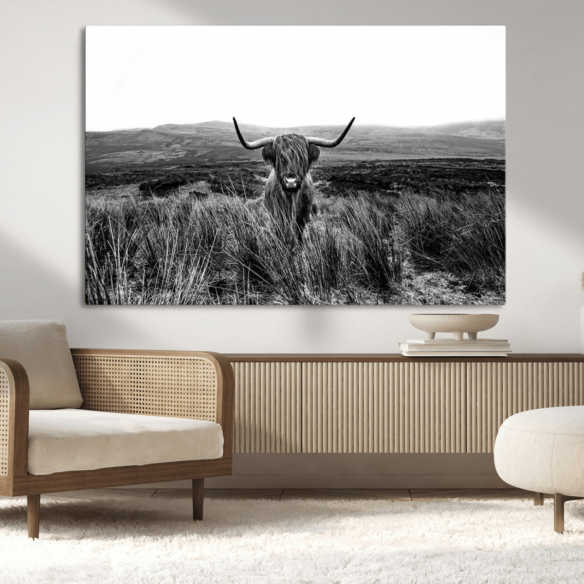 Black and White Highland Cow Canvas Wall Art, Longhorn