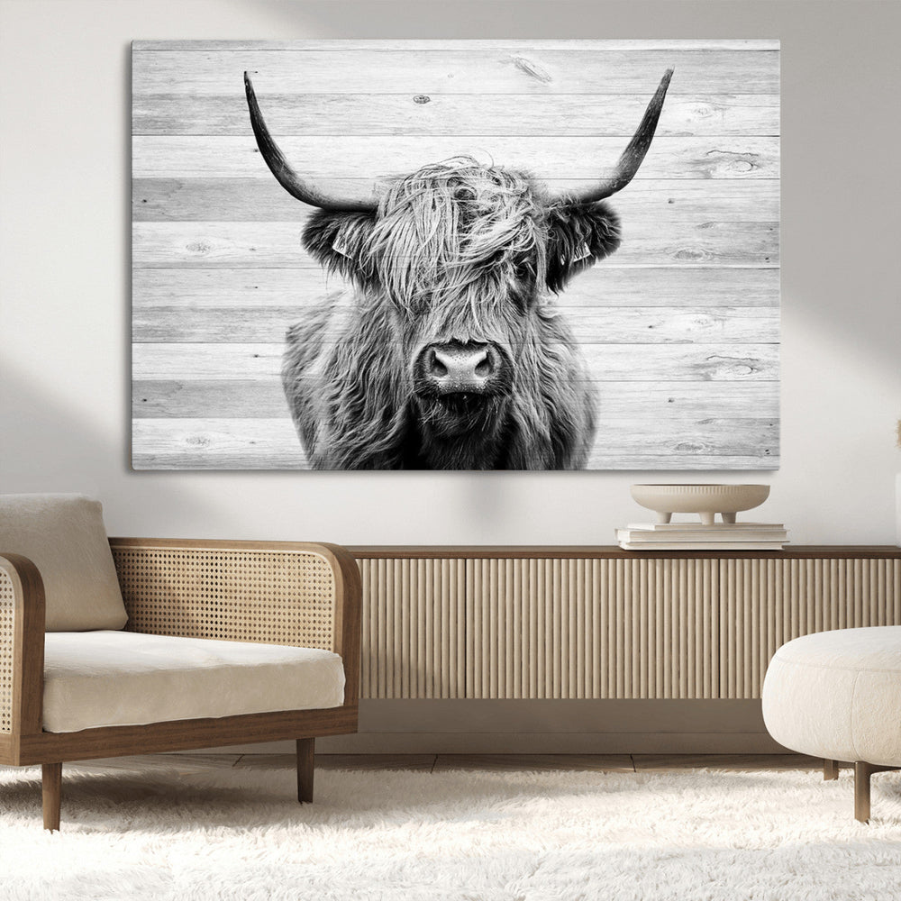 Scottish Highland Cow Cattle Art Print on Wood Background