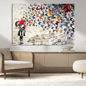 Banksy Art Butterfly Girl Explosion Canvas Art – Vibrant