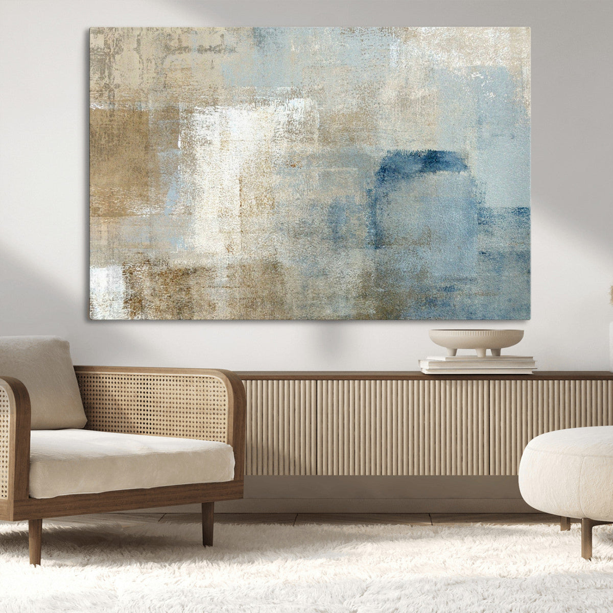 Abstract Blue and Beige Wall Art, Modern Minimalist Canvas