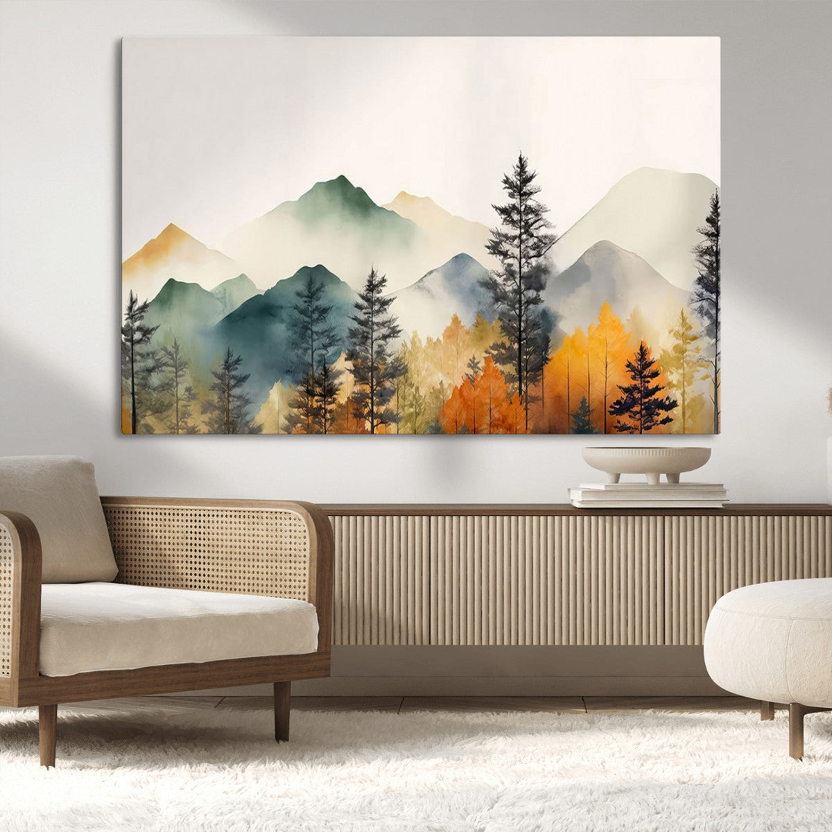 Abstract Watercolor Mountains and Trees Autumn Wall Art,