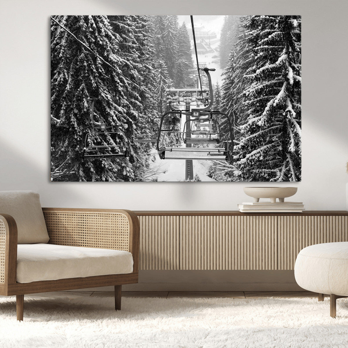 Winter Ski Lift Black and White Canvas Wall Art – Alpine