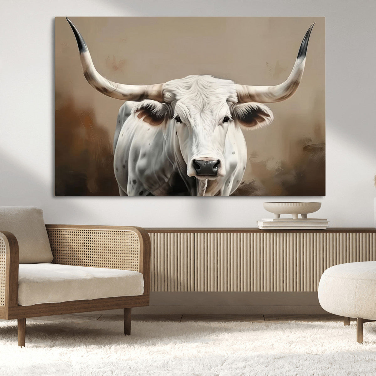White Longhorn Bull Wall Art Canvas Print – Framed and Ready