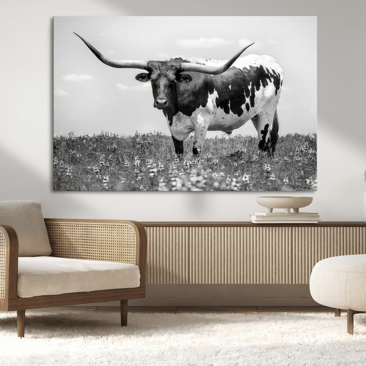Texas Black White Highland Longhorn Cow Wall Art Canvas