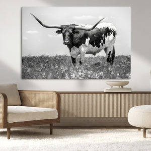 Texas Black White Highland Longhorn Cow Wall Art Canvas
