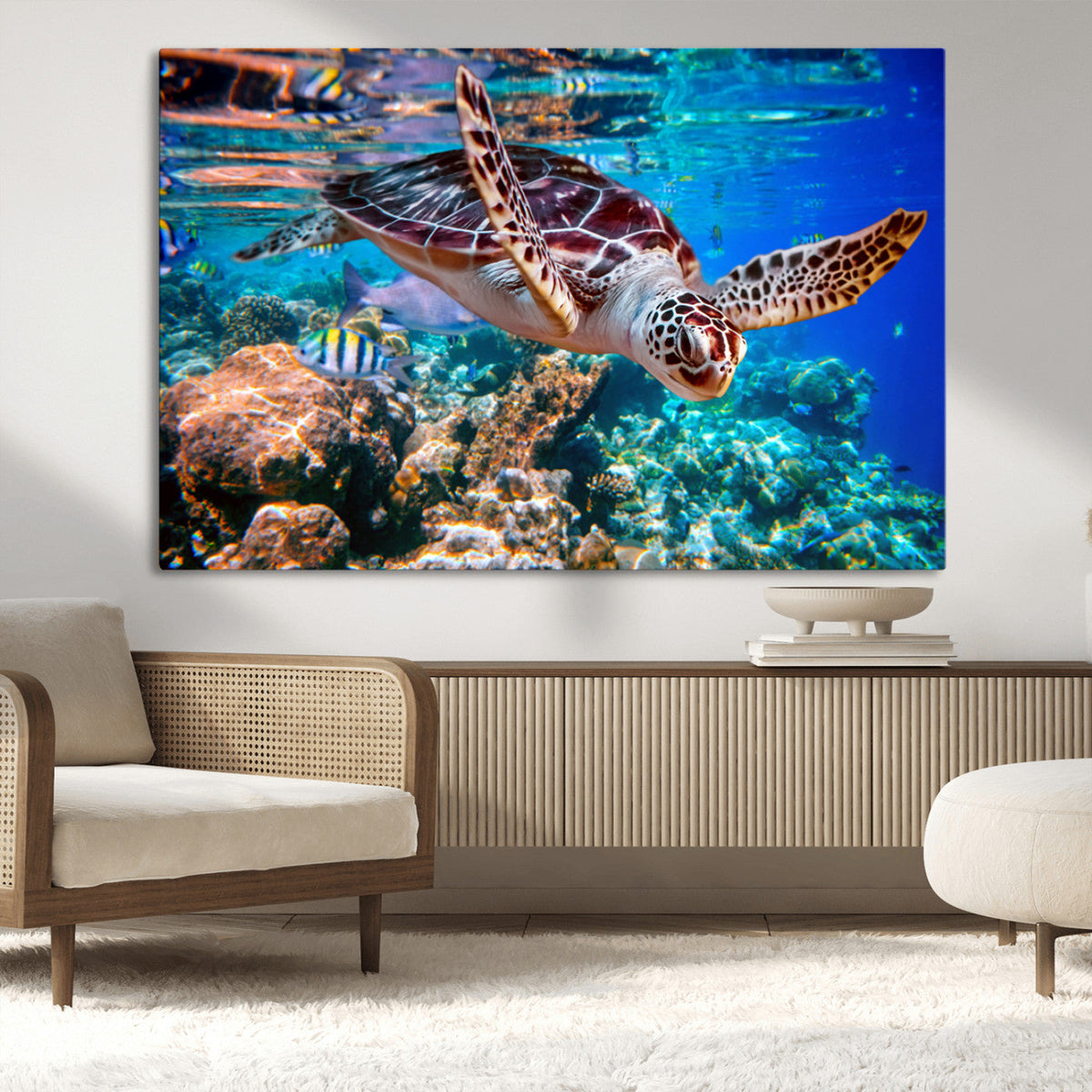 Underwater Coral Reef Sea Turtle Wall Art Canvas Print,