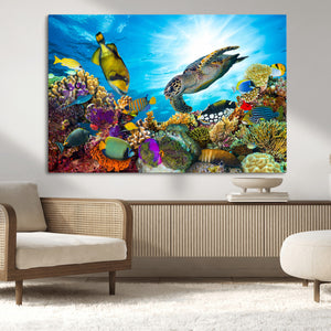 Colorful Coral Reef and Sea Life Turtle Canvas Print,