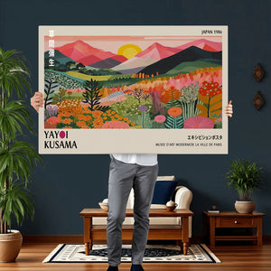 Yayoi Kusama Landscape Canvas Print, Vibrant Floral Mountain Art Print, Framed Botanical Wall Art -