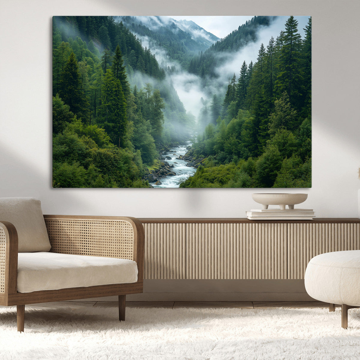 Mountain Forest River Canvas Wall Art Print - Serene Nature