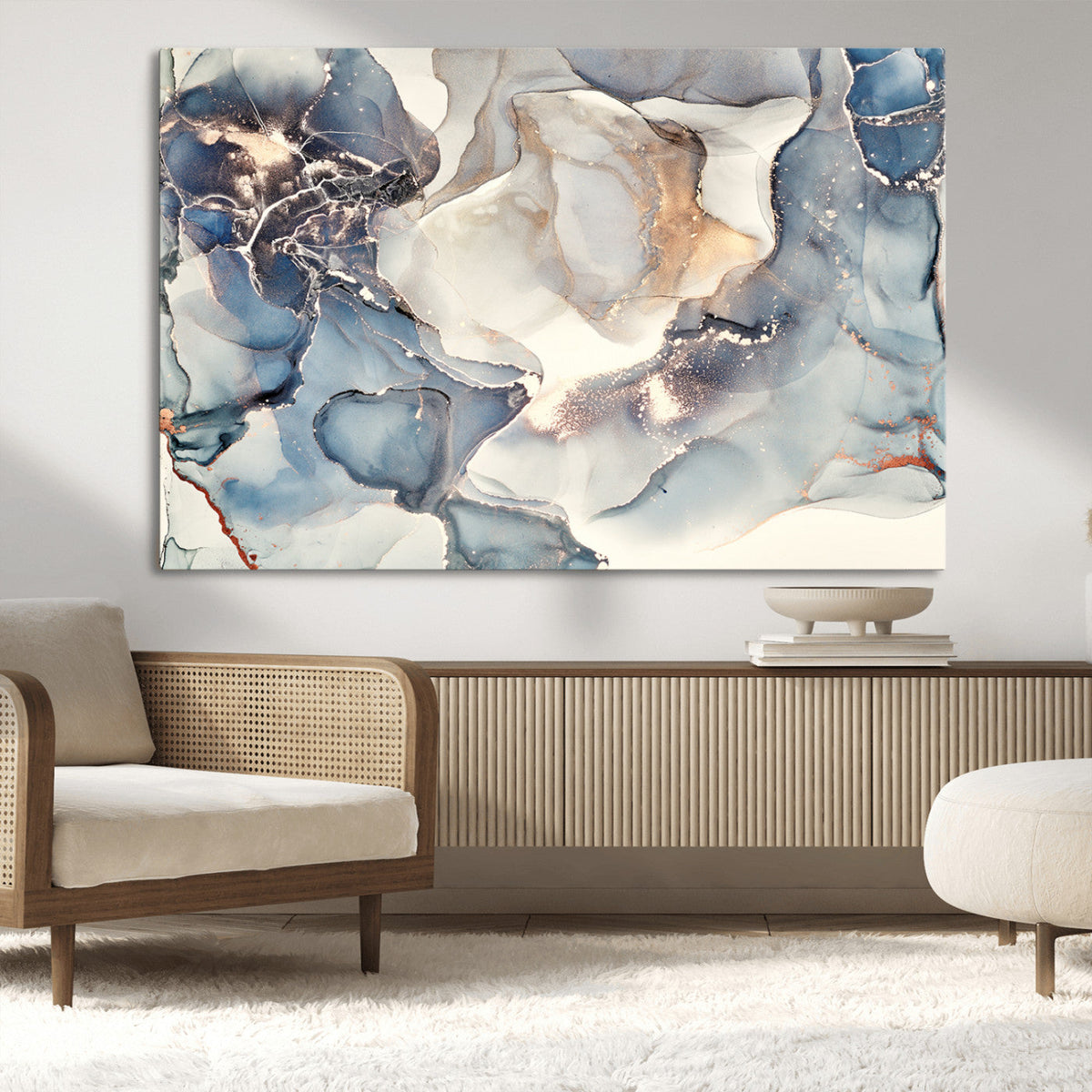 Abstract Blue and Gold Canvas Wall Art - Fluid Modern Ink