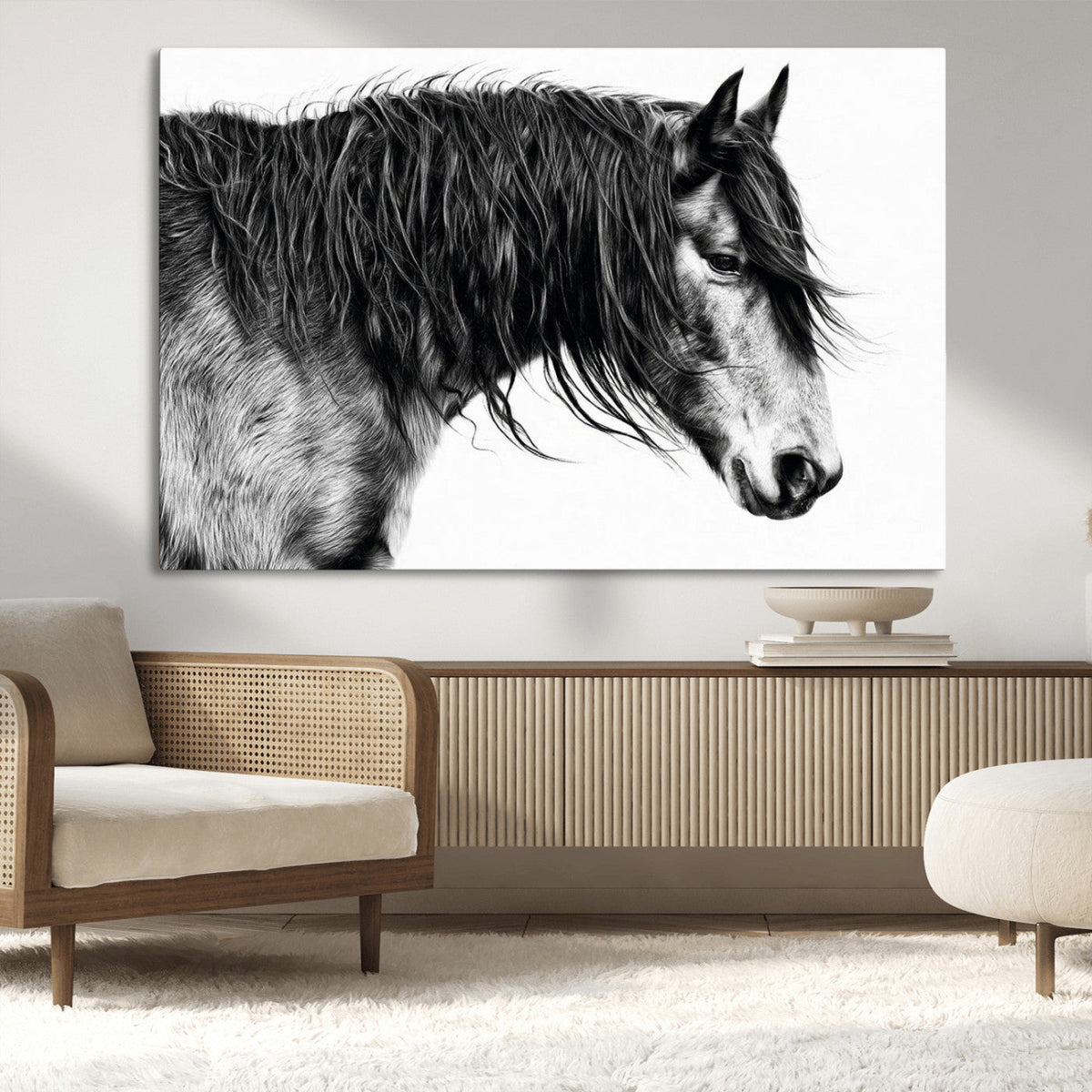 Majestic Horse Wall Art – Framed Black White Portrait Canvas