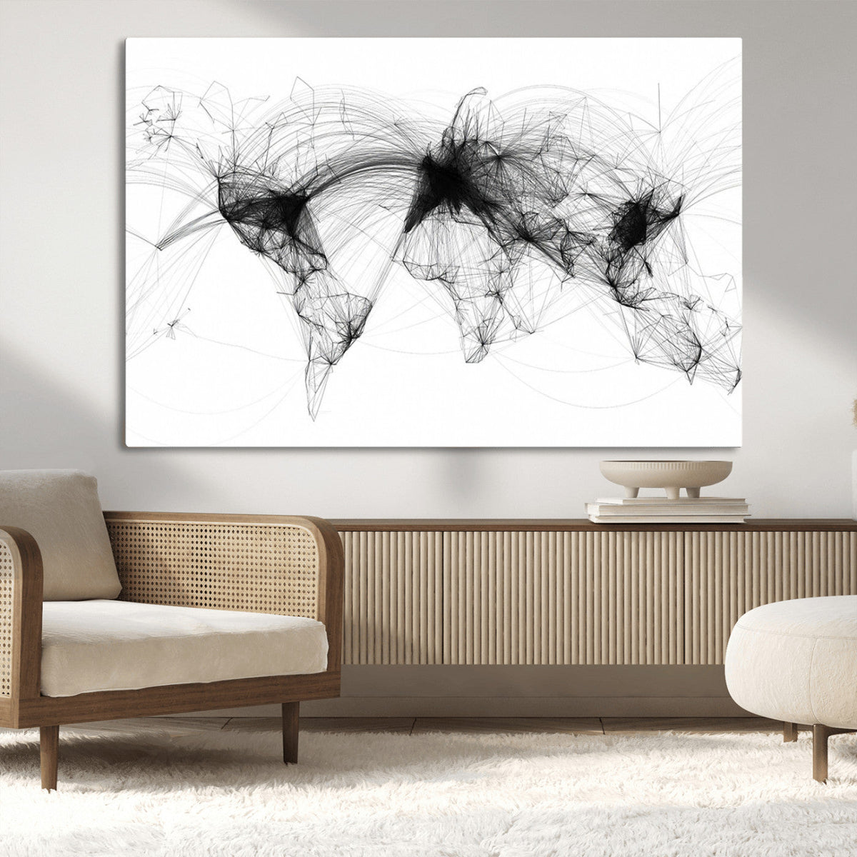 Abstract World Map Wall Art – Framed Geometric Line Canvas