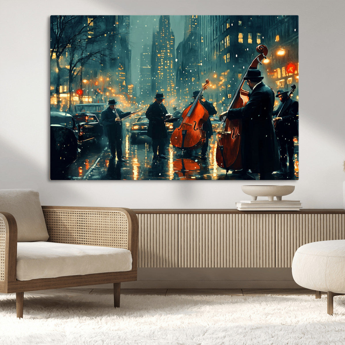 Urban Night Jazz Wall Art Canvas Print – Moody Rain-Soaked