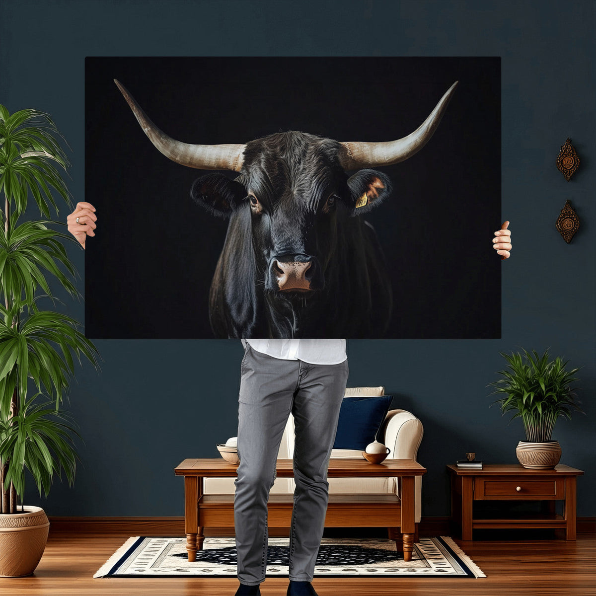 Majestic Longhorn Bull Wall Art Canvas Print – Dark