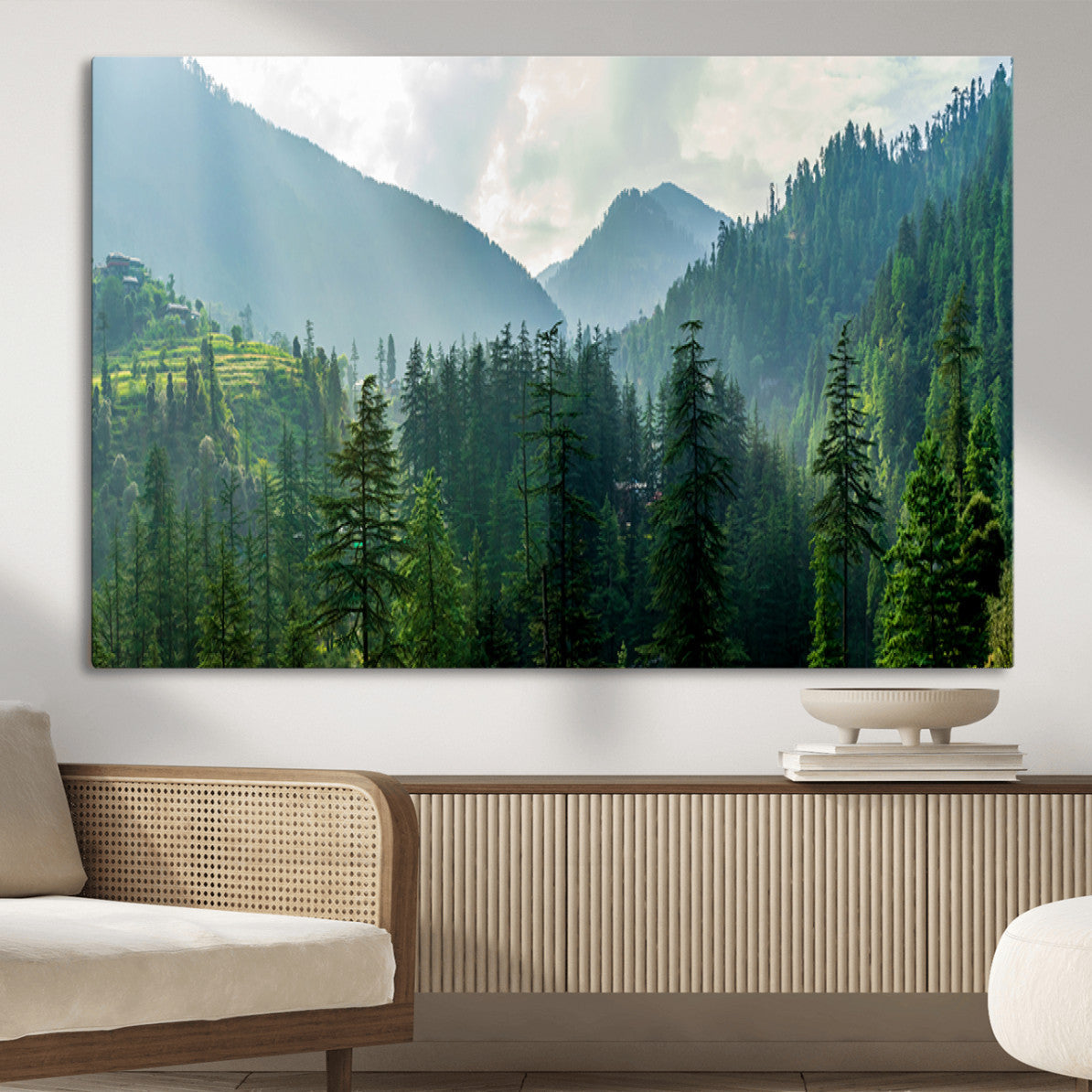 Misty Forest Mountain Wall Art Canvas Print – Framed Serene