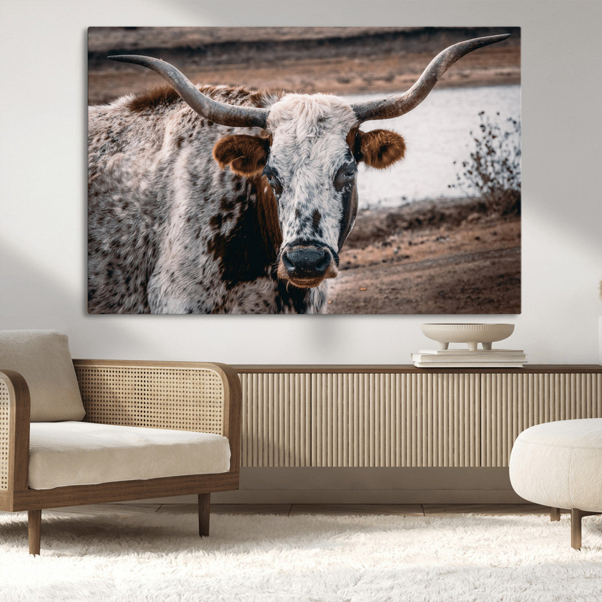 Texas Longhorn Wall Art Canvas Print – Framed Spotted Bull