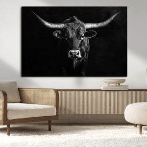 Texas Longhorn Wall Art Canvas Print – Framed Monochrome