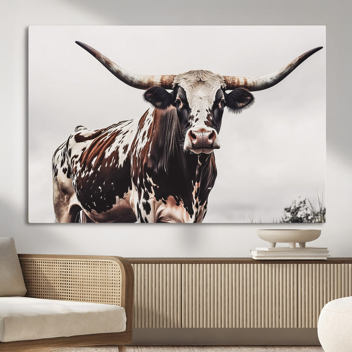 Texas Longhorn Wall Art Canvas Print – Framed Spotted Bull