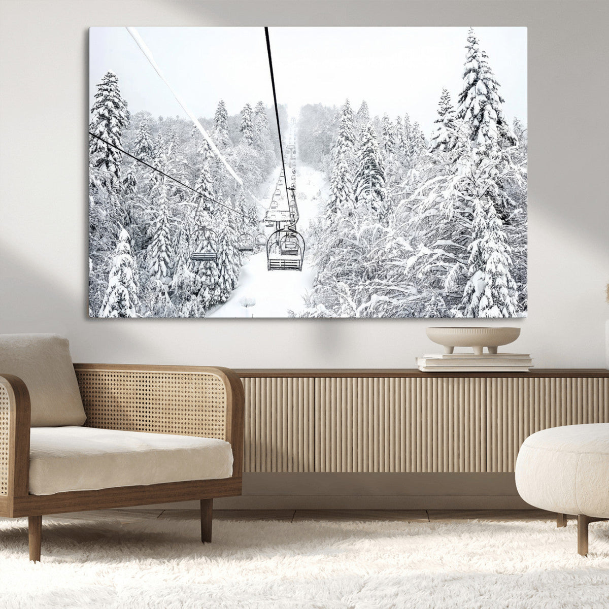 Snowy Ski Lift Wall Art – Framed Winter Mountain Canvas