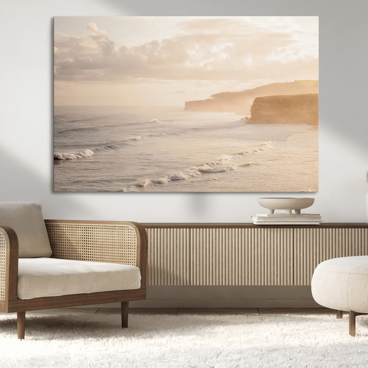Misty Coastal Wall Art Canvas Print – Framed Golden Sunset