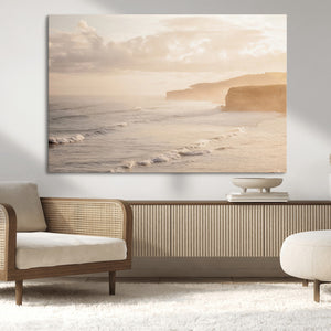 Misty Coastal Wall Art Canvas Print – Framed Golden Sunset