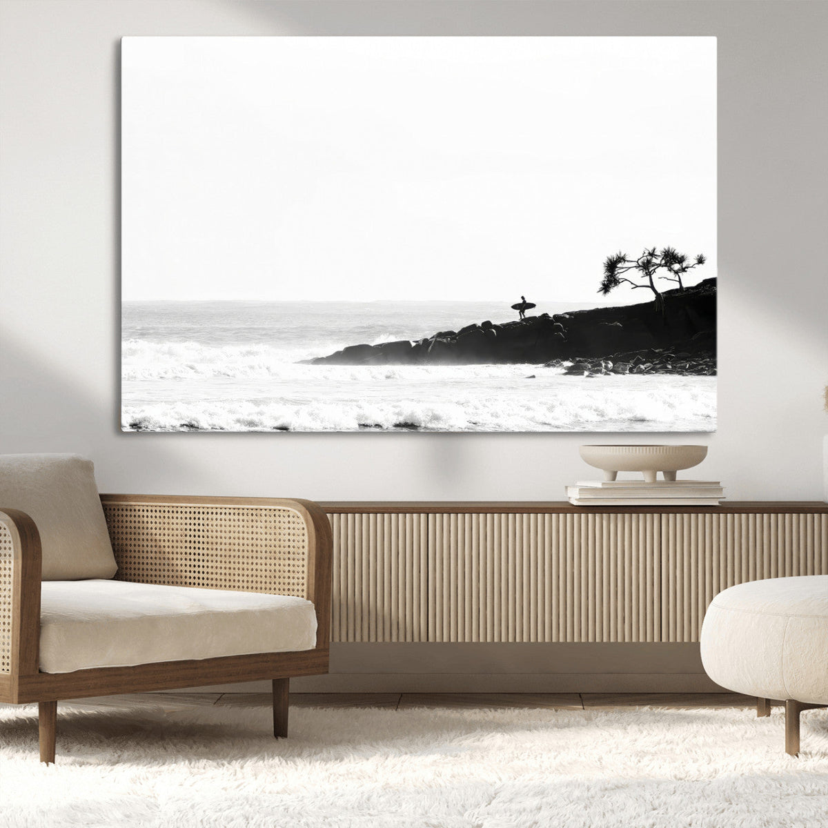 Surfer Cliffs Wall Art Canvas Print – Framed Black White