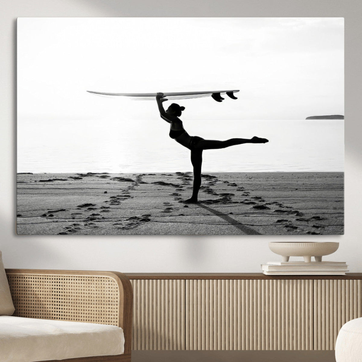 Yoga Surf Wall Art Canvas Print – Framed Black White Shore