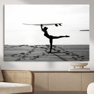Yoga Surf Wall Art Canvas Print – Framed Black White Shore