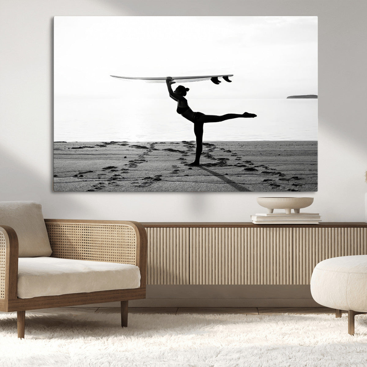 Yoga Surf Wall Art Canvas Print – Framed Black White Shore