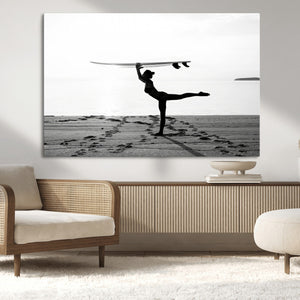 Yoga Surf Wall Art Canvas Print – Framed Black White Shore