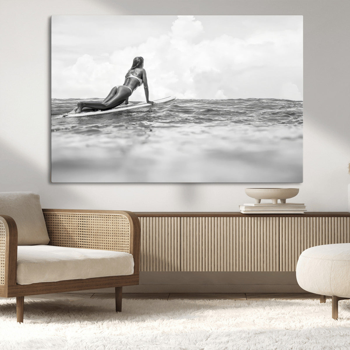 Black and White Surfing Wall Art Canvas Print – Framed Ocean