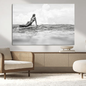 Black and White Surfing Wall Art Canvas Print – Framed Ocean