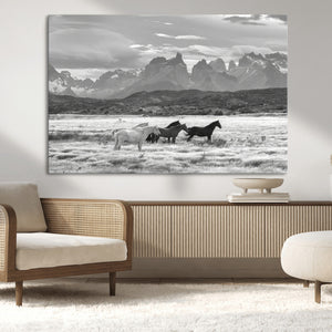 Wild Horses Wall Art Canvas Print – Framed Black and White