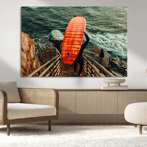 Surfer Stairway Wall Art Canvas Print – Framed Ocean Surf