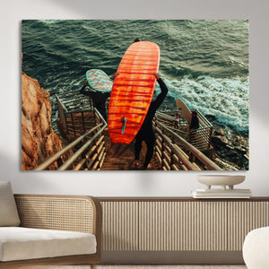 Surfer Stairway Wall Art – Framed Ocean Surf Canvas Artwork,