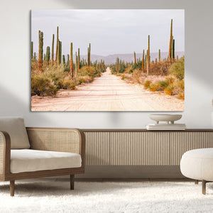 Desert Cactus Lined Road Wall Art Canvas Print – Framed