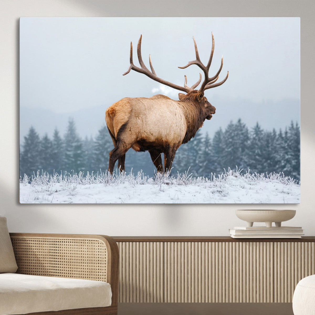 Elk Wall Art Canvas Print – Framed Snowy Forest Scene Art