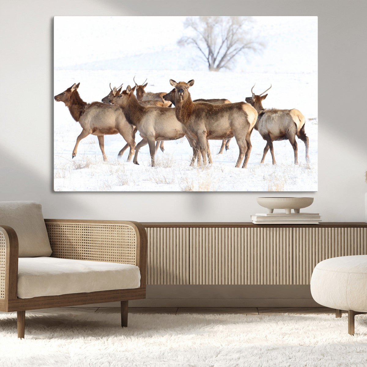 Winter Elk Scene Wall Art Canvas Print – Framed Wildlife