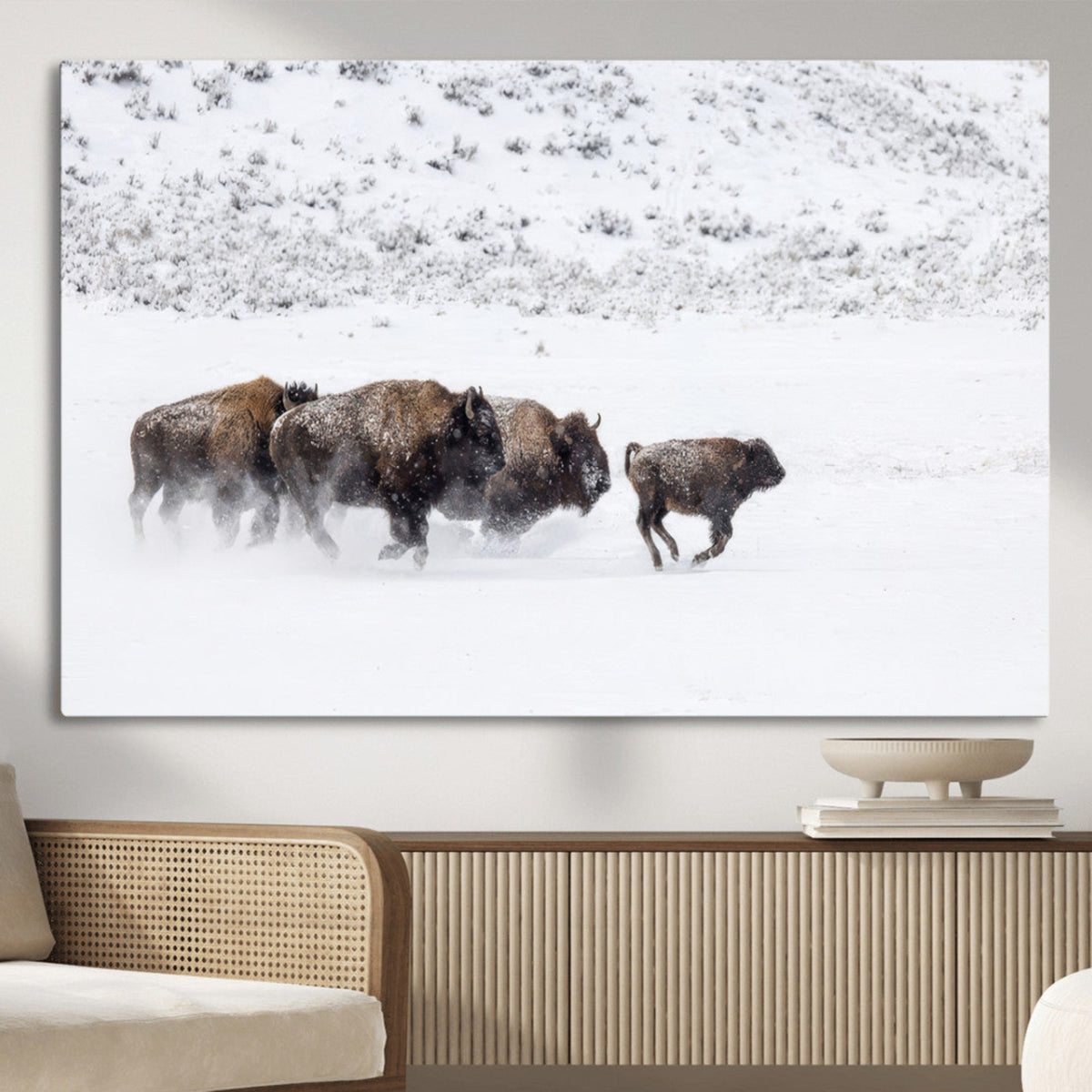 Bison Herd Decor Wall Art Canvas Print – Framed Snowy Bison