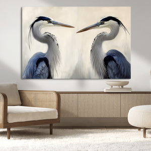 Blue Heron Pair Wall Art Canvas Print, Framed Coastal Bird