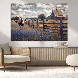 Texas Longhorn Canvas Wall Art Print – Framed Rustic Barn