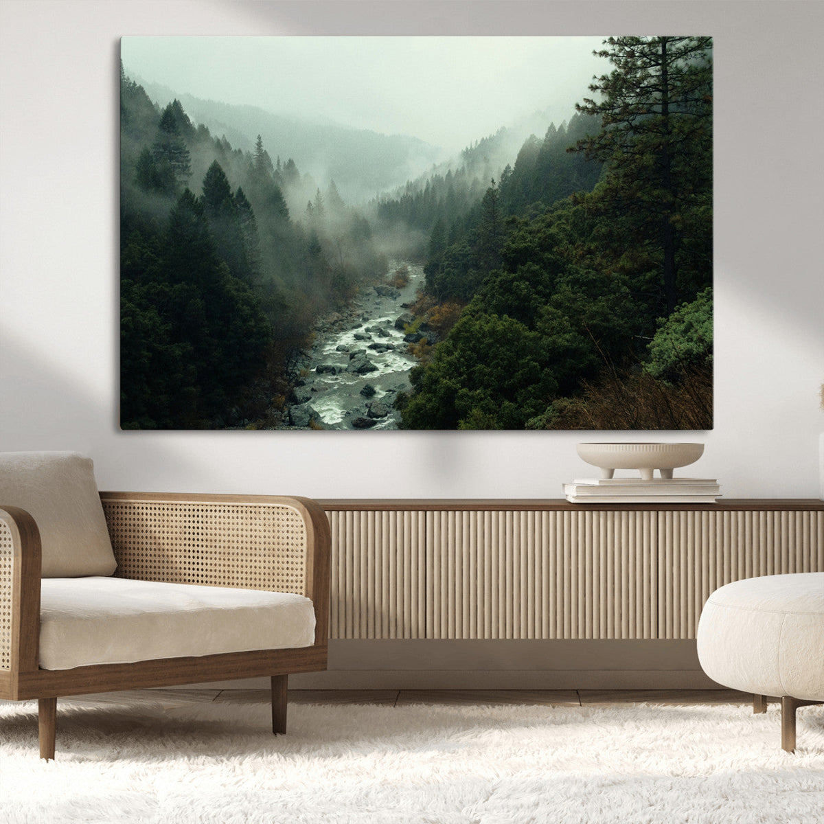 Misty Forest Wall Art Canvas Print – Framed Foggy River