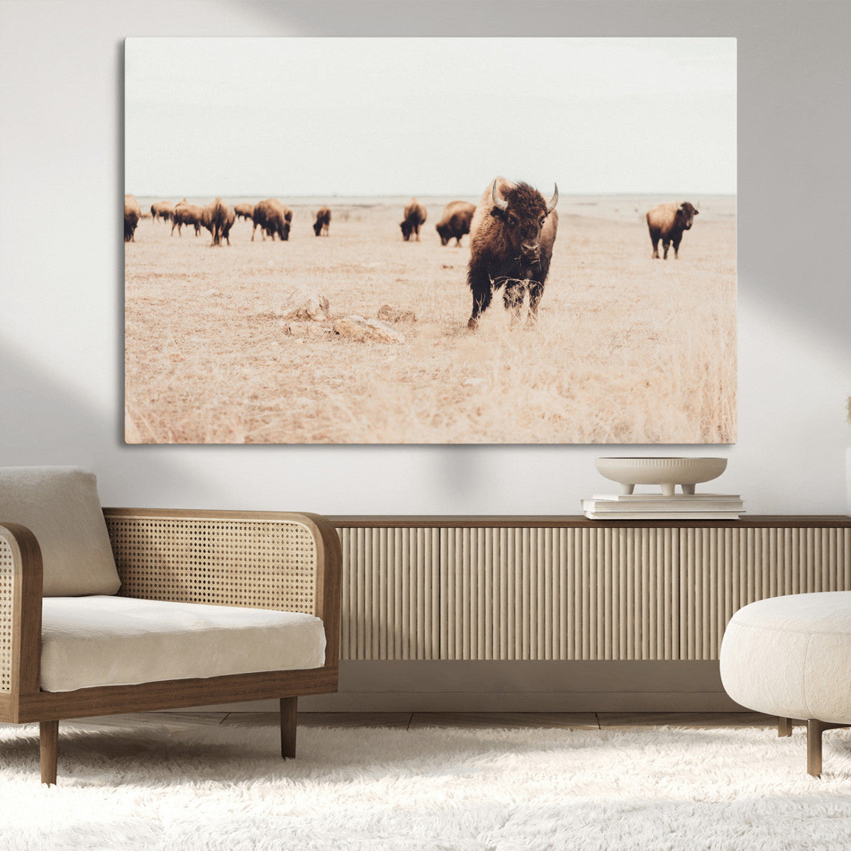 Bison Herd Wall Art Canvas Print, Framed Western Landscape