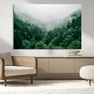 Misty Green Forest Canvas Print – Framed Serene Foggy Pine