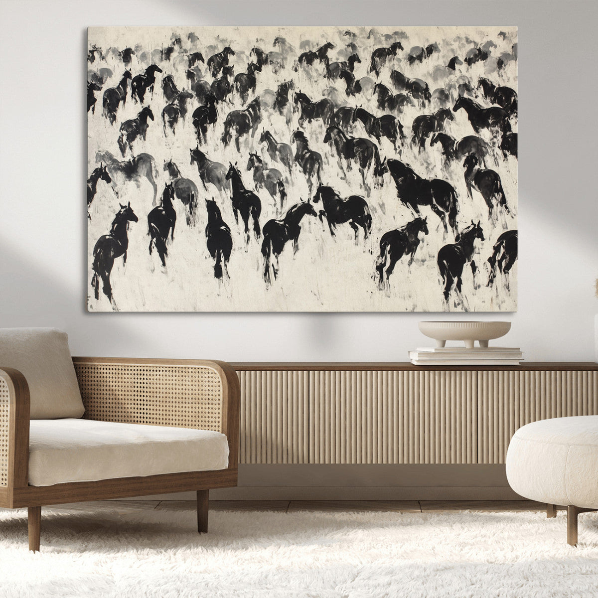Wild Horse Stampede Wall Art Canvas Print – Monochrome