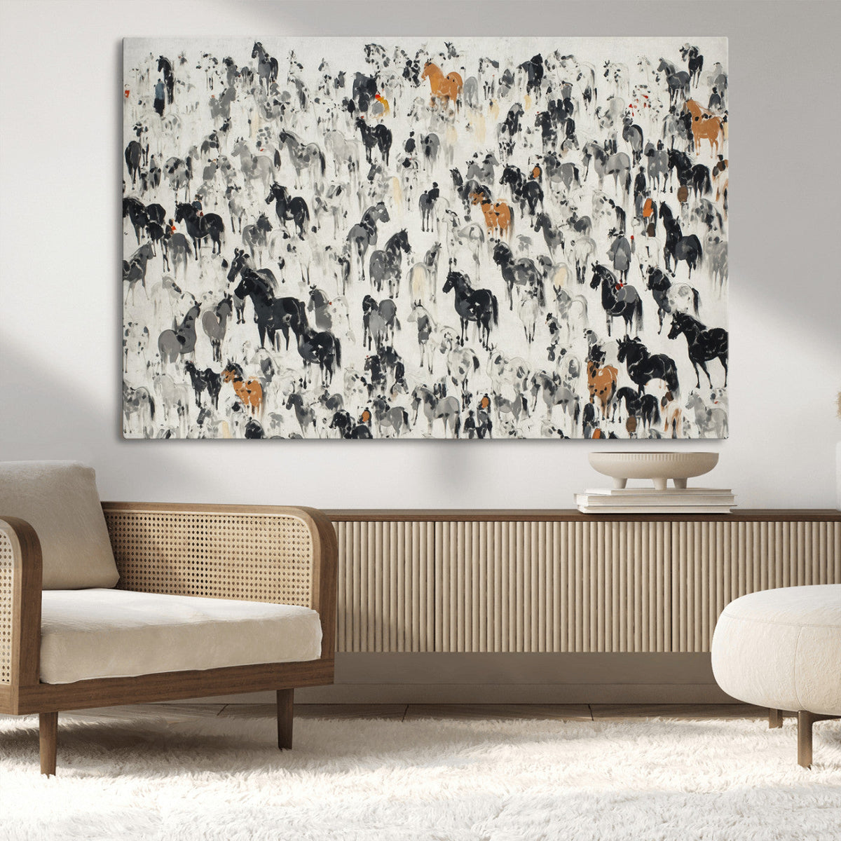 Wild Horse Stampede Wall Art Canvas Print – Monochrome