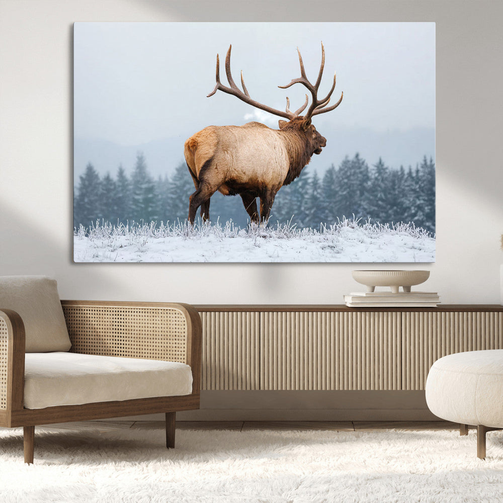 Majestic Elk Snowy Forest Wall Art Canvas Print – Winter