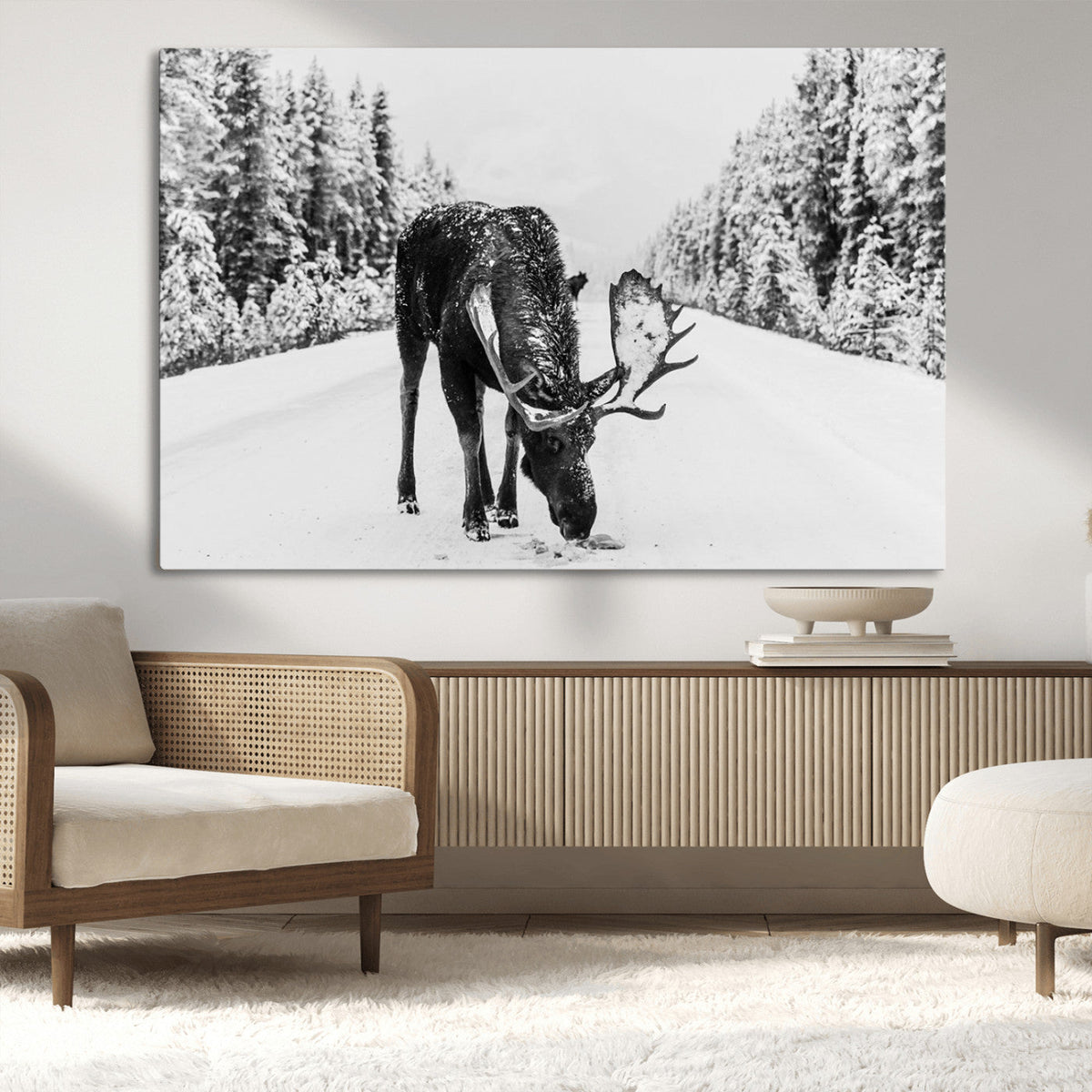 Moose Wall Art Canvas Print – Winter Snowy Forest Antlers