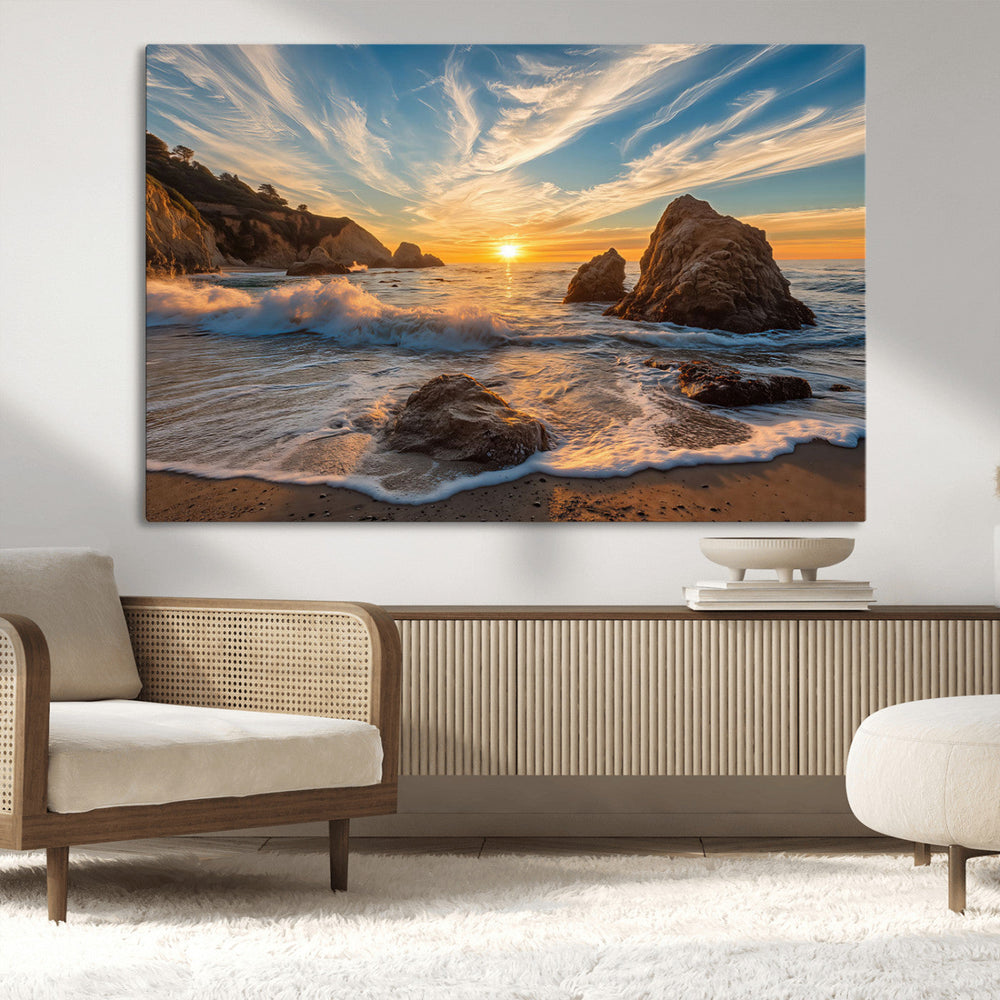 Rocky Ocean Sunset Wall Art Print – Seaside Canvas Dramatic