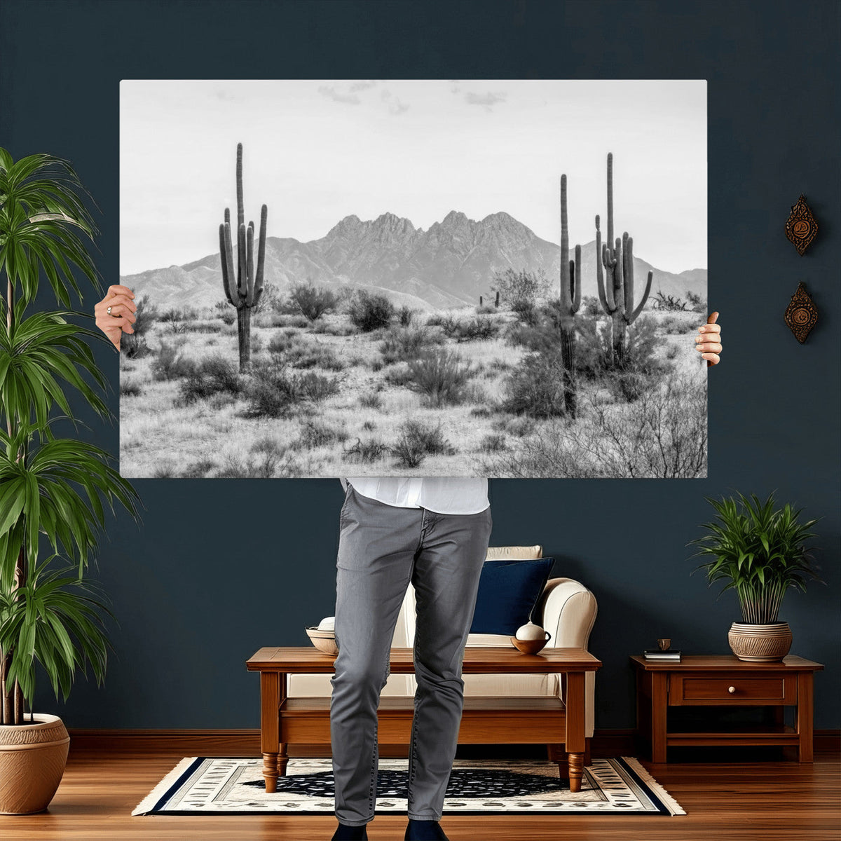 Black White Arizona Desert Canvas Wall Art Cactus Farmhouse